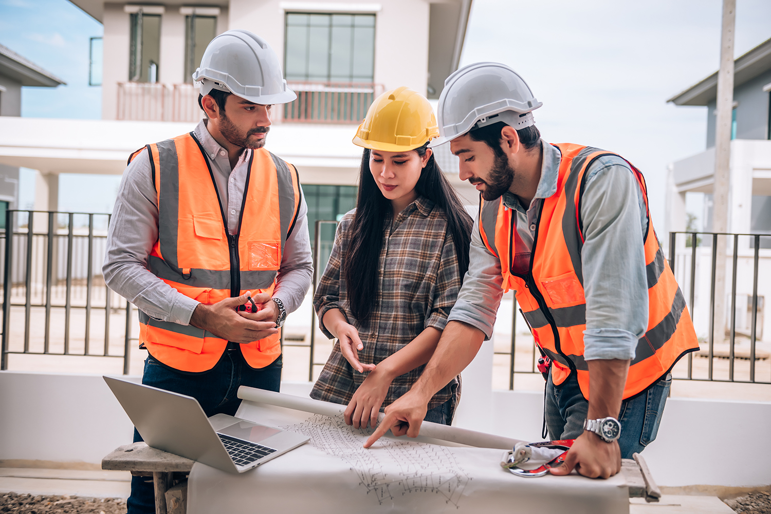 Civil engineer , Construction worker and Architects wearing hard